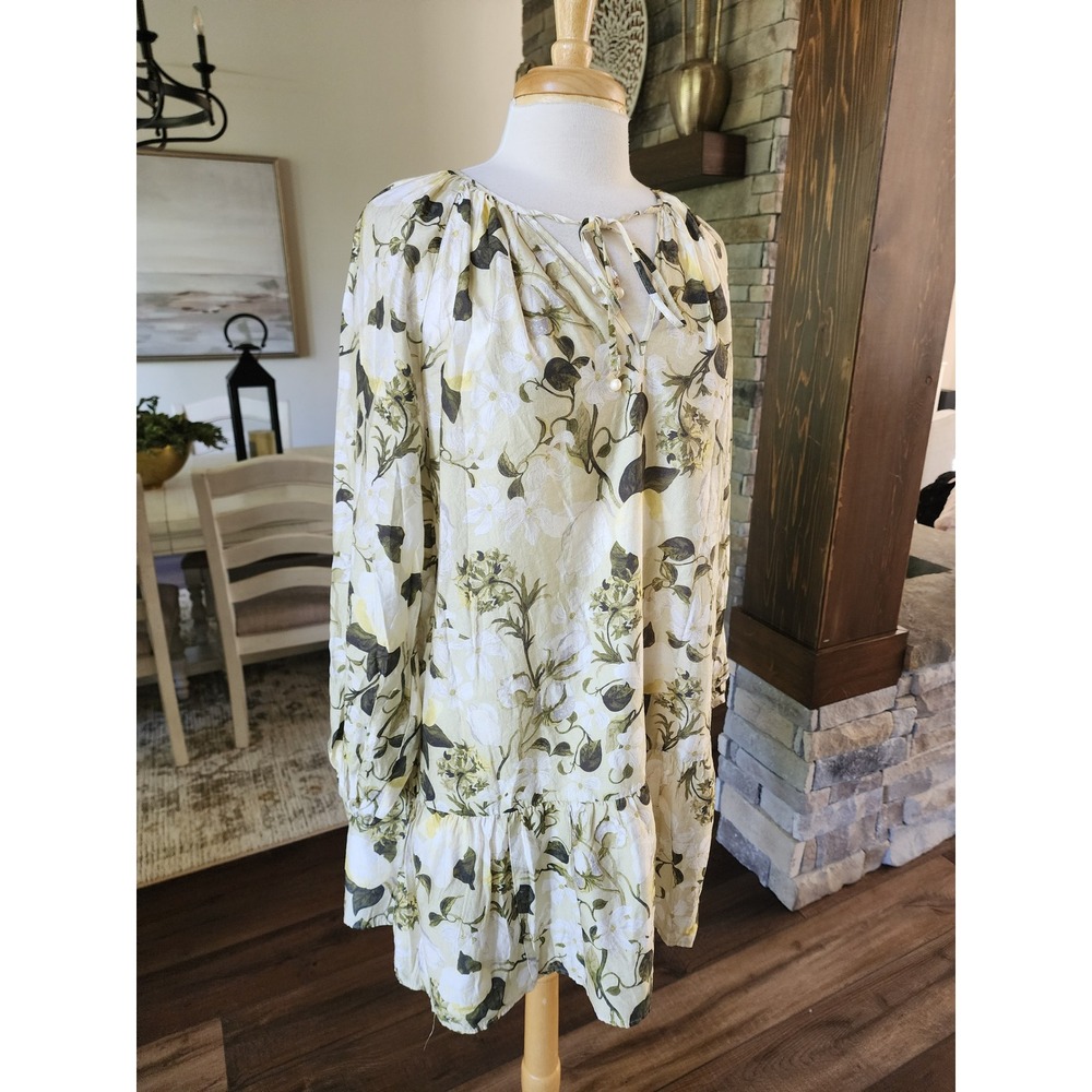 Floral Tie Neck Tunic Mini Dress Yellow Green Balloon Sleeve Boho‎ Gameday